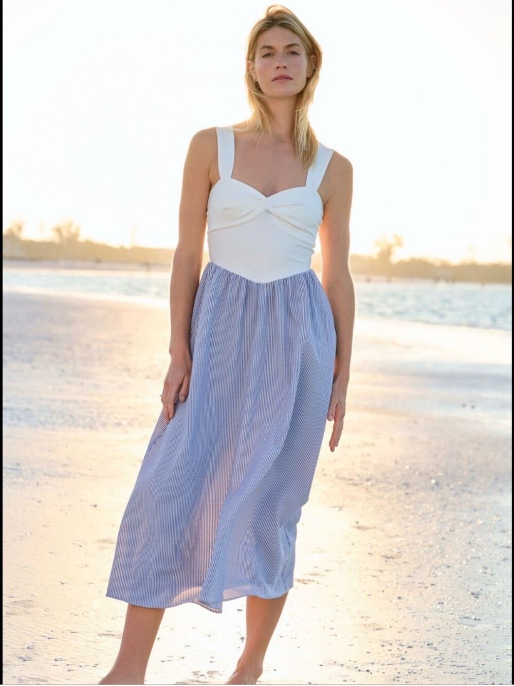 Altar’d State Romina Ivory And Blue Striped Midi Dress Size Small